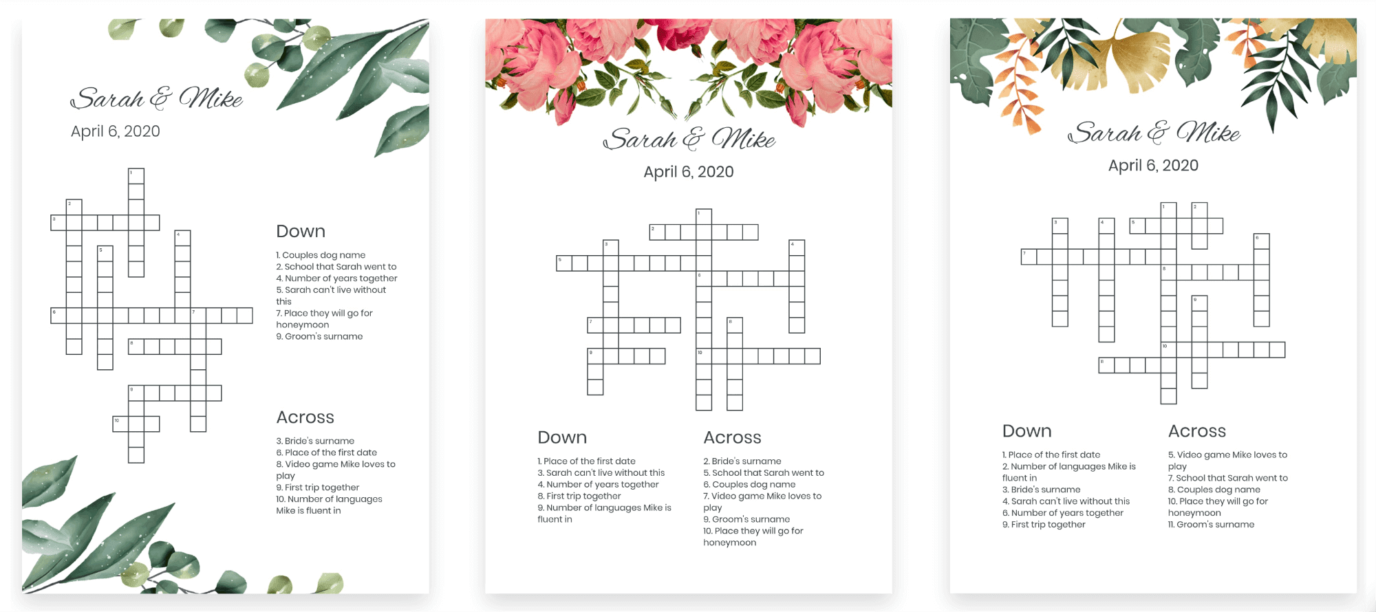 Custom wedding crosswords examples